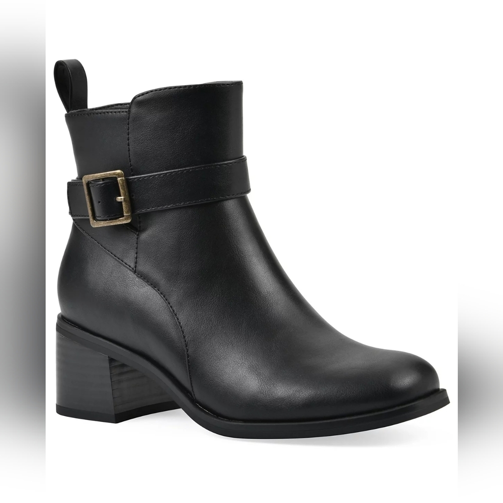 White Mountain Black Leather Ankle Boot with Buckle
